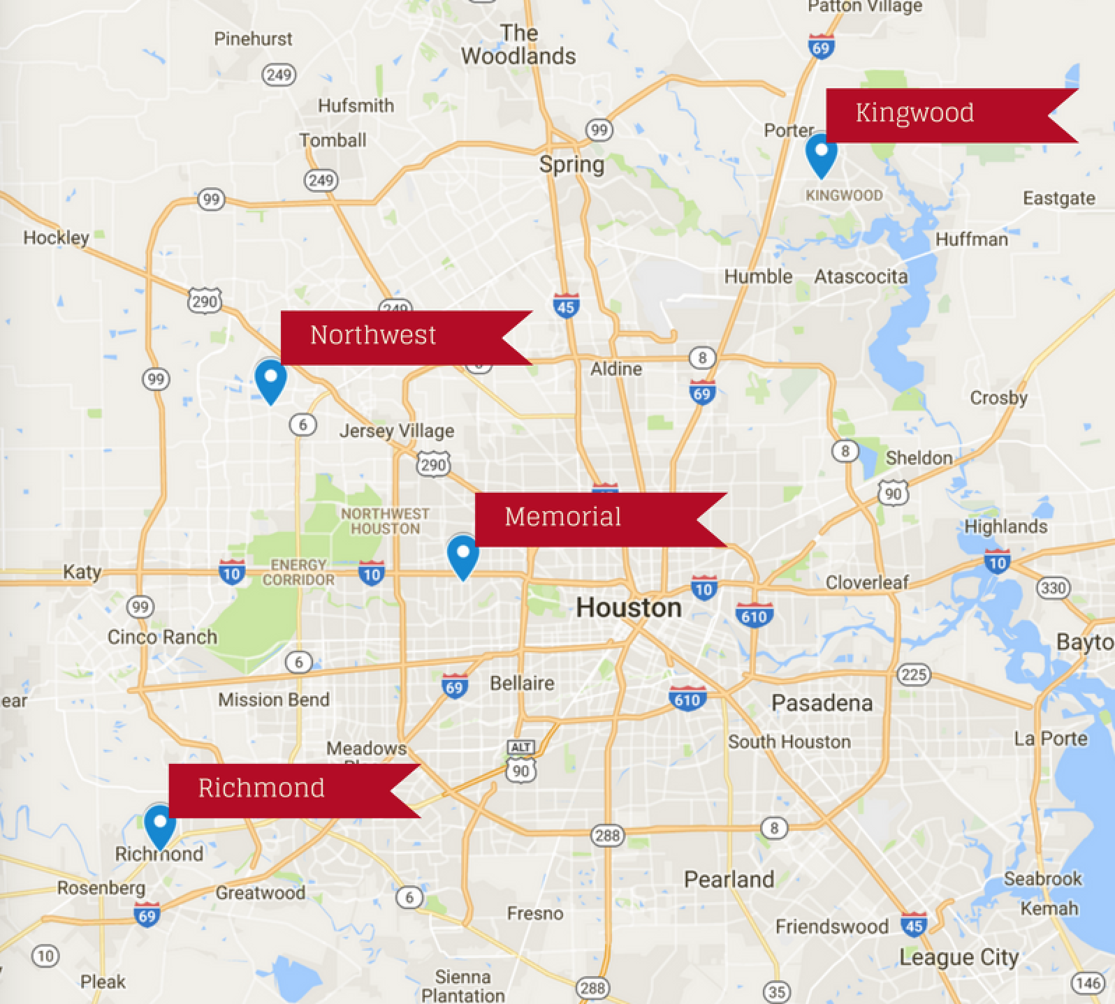 Houston map showing our locations